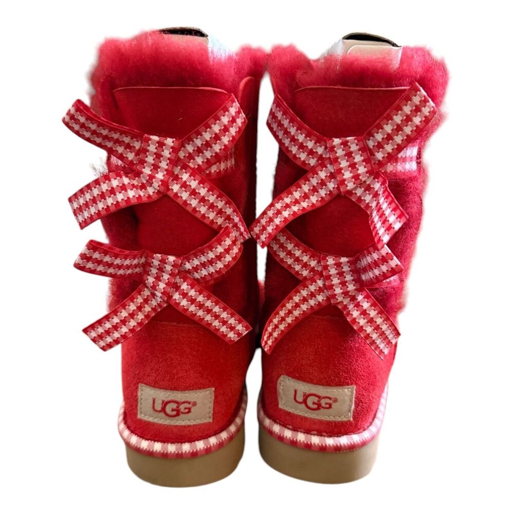 UGG Short Boots Bailey Bow Gingham Red Suede Leather Womens Sz US 5 EU 36 UK 3
